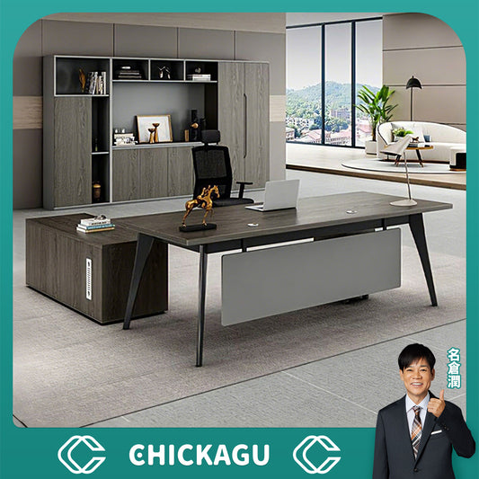 オフィスデスク　L字デスク　社長デスク　役員用デスク　炭素鋼脚　配線穴付き　サイドワゴン　幕板付き　ウォールナット　カスタマイズ可能　LBZ-C013　CHICKAGU
