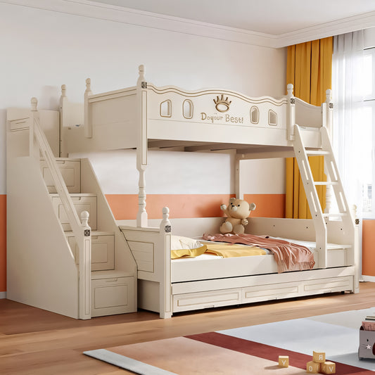 一枚板 太い角柱 頑丈 安定性 ベッドガード はしご 斜め掛け 丸み スライドベッド 引き出し シェルフ 2段ベッド ベッド シック 機能的 カスタマイズ可能 SCC-C032