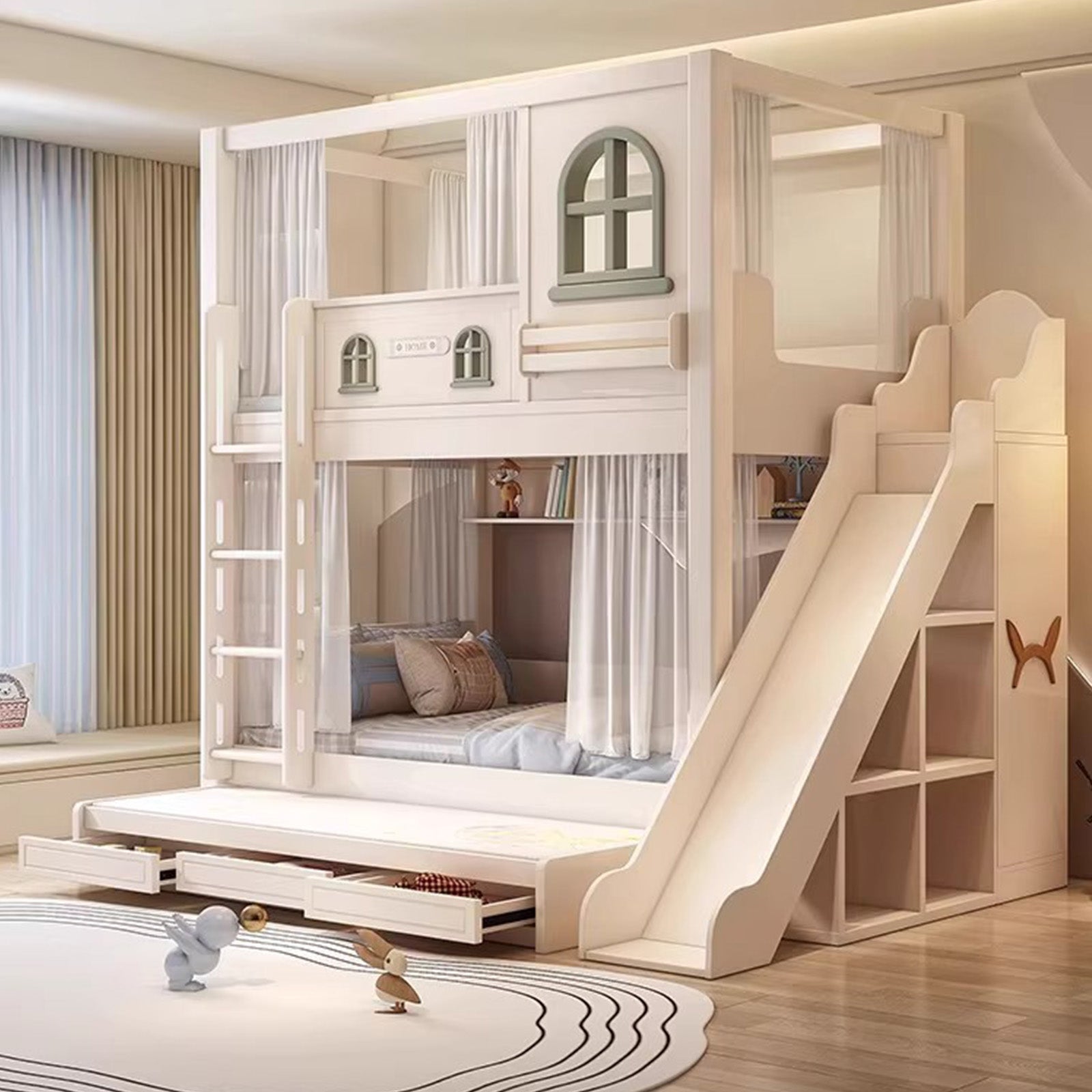 シェルフ　引き出し　はしご　階段　滑り台　ベッド　スライドベッド　二段ベッド　機能的　使い勝手　デザイン性　ホワイト　SCC-C087