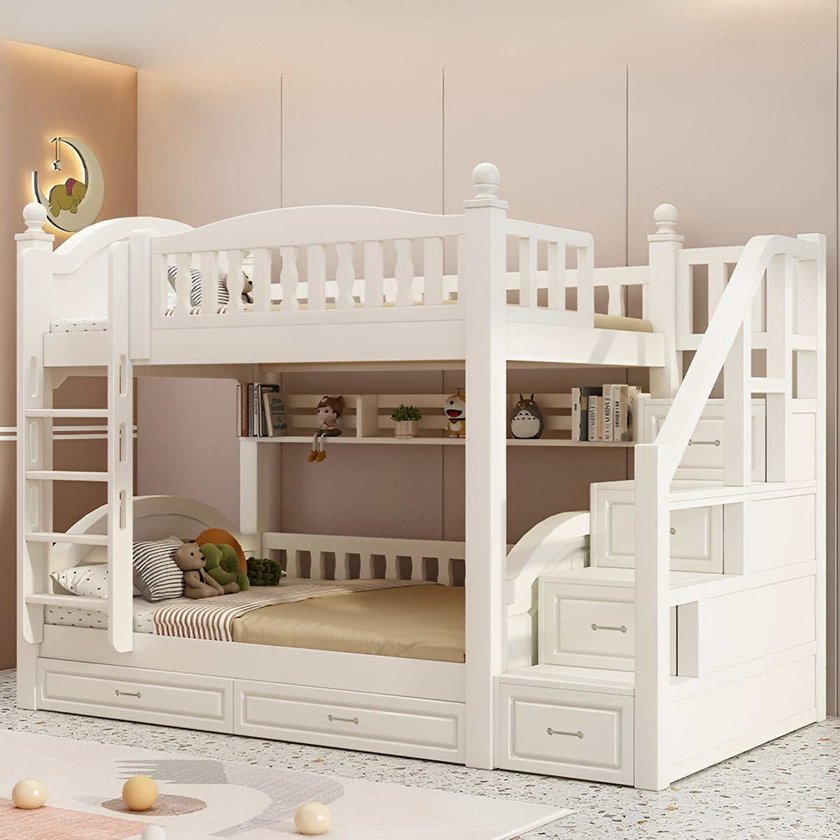 ベッド　子供用ベッド　二段ベッド　落下防止柵付き　角丸　本棚付き　階段付き　マットレス付き　引出し付き　おしゃれ　SCC-K046