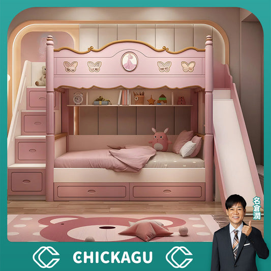 キッズ二段ベッド　二段ベッド　シンプルな二段ベッド　木製二段ベッド　かわいい　滑り台　オシャレ　お姫様　メルヘン風　無毒無臭　収納棚　引き出し　二段ベッド　天然木　カスタマイズ可能　SCC-S024