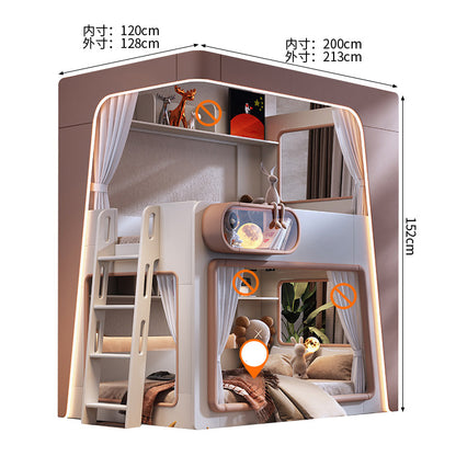 二段ベッド　親子ベッド　子供用ベッド　キッズベッド　カーブフレーム　カーテン付き　階段収納一体型　多段収納棚付き　転落防止柵　角丸安全設計　ピンク系　ミニマル　カスタマイズ可能　SCC-C097
