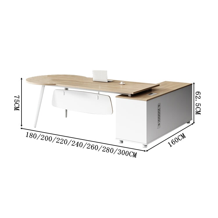 ワークデスク　デスク　エグゼクティブ　役員用　エコ板材　優れた収納力　木目調　配線ボックス　通気孔　Ⅼ字　丸い天板　スタイリッシュ　シンプル　ホワイト　カスタマイズ可能LBZ-C050  CHICKAGU