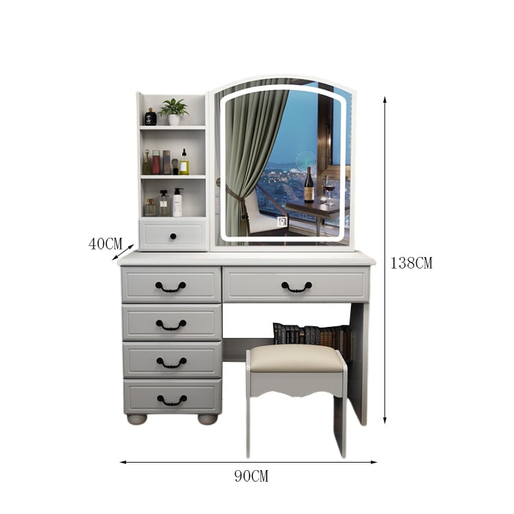 ドレッサー　鏡台　化粧台　鏡　ミラー　ＬＥＤライト　明るさ調整　三段階　収納　棚　引き出し　エコ板材　スツール　ウレタン　ＰＵレザー　オシャレ　上質　使い勝手　CHICKAGU