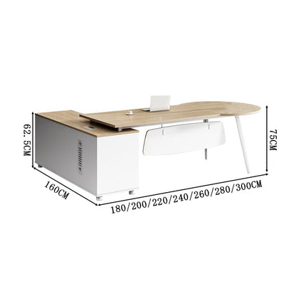ワークデスク　デスク　エグゼクティブ　役員用　エコ板材　優れた収納力　木目調　配線ボックス　通気孔　Ⅼ字　丸い天板　スタイリッシュ　シンプル　ホワイト　カスタマイズ可能LBZ-C050  CHICKAGU