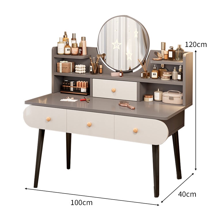 ドレッサー　鏡台　化粧デスク　化粧台　ライト付き鏡　三段階調節　広い卓上スペース　収納　引き出し　収納棚　Ｒ仕上げ　１台２役　使い勝手　おしゃれ　HZT-C030　chickagu
