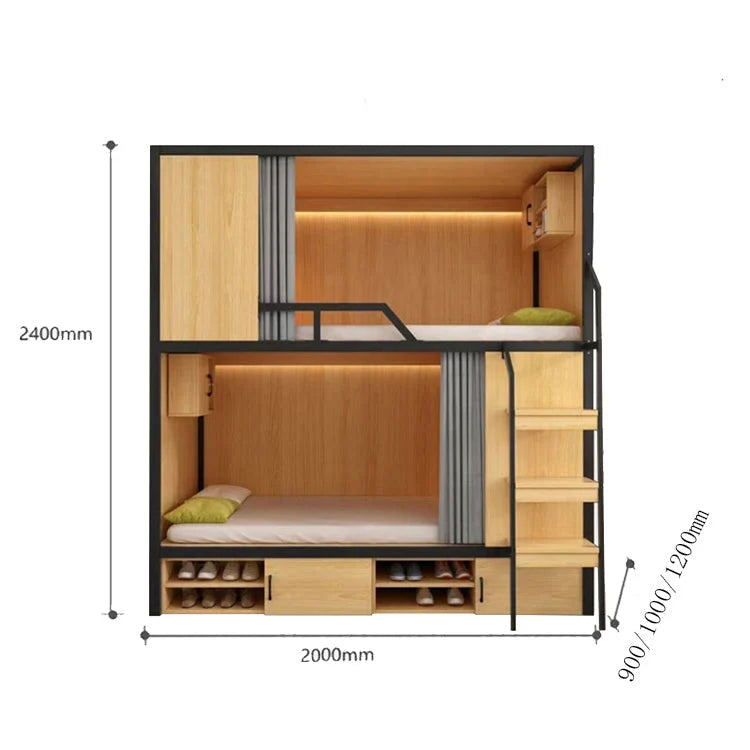 モダン　オシャレ　二段ベッド　ベニヤ合板　ベッド　大容量　収納棚　カーテン　コットンリネン　スチール　カスタマイズ可能　SCC-T041
