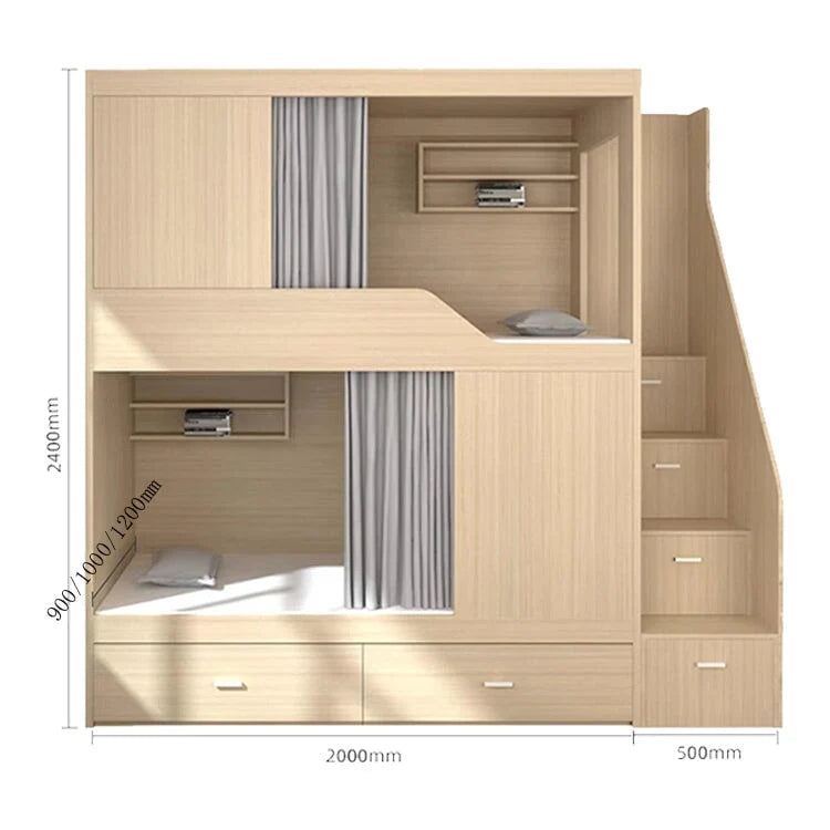 モダン　オシャレ　二段ベッド　ベニヤ合板　ベッド　大容量　収納棚　カーテン　コットンリネン　スチール　カスタマイズ可能　SCC-T041