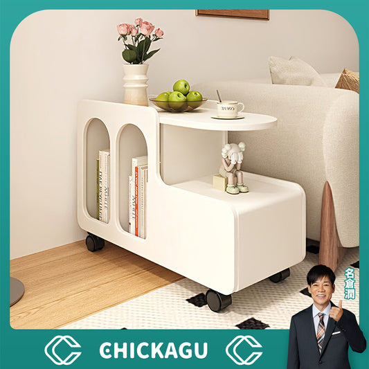 テーブル　サイドテーブル　ソファーサイド　リビング用　引き出し　扉付き収納　透明　キャスター　ストッパー付き　角丸加工　丸み　簡素　癒し　ミニマル　実用　CHICKAGU