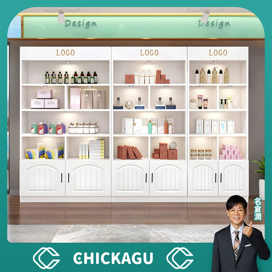 ライト付き　大容量　多段式　厚い棚板　仕切り　取っ手　蝶番　キャビネット　収納キャビネット　収納棚　実用的　シンプル　ホワイト　カスタマイズ可能　SNG-C030　chickagu