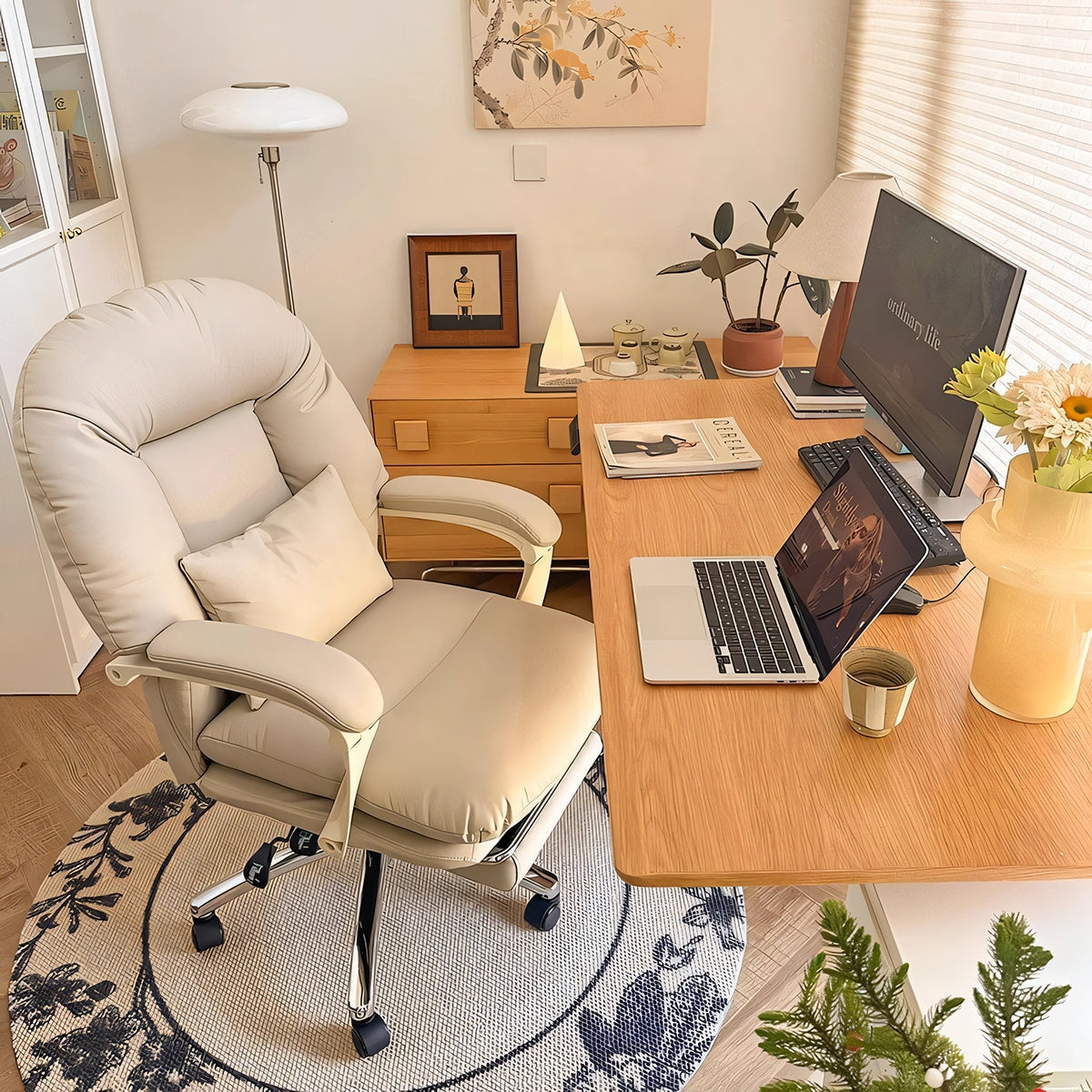 インドアチェア　チェア　室内　昇降回転式　リクライニング　人間工学　ハイバック　二重クッション　腰当て　キズ防止生地　フットレスト　快適　心地よい　ふくよか　SNY-C030 chickagu