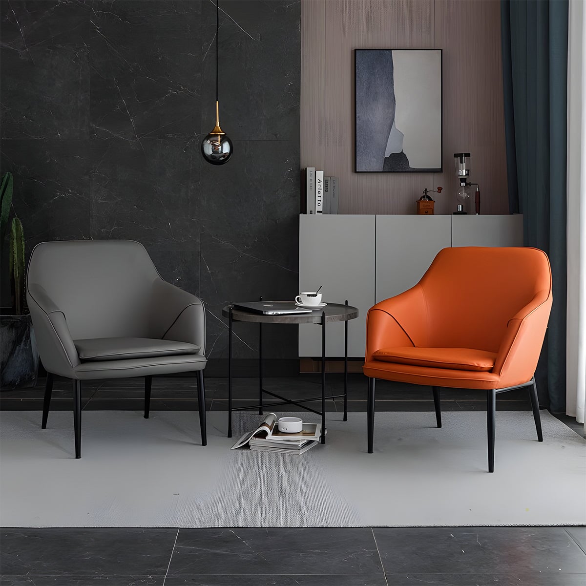 ダイニングチェア　インドアチェア　レザーチェア　チェア　一体式クッション　弧状肘掛け　ウレタン充填　スチールフレーム　快適　モダン　グレー　ブラック　カスタマイズ可能　SNY-C033　chickagu