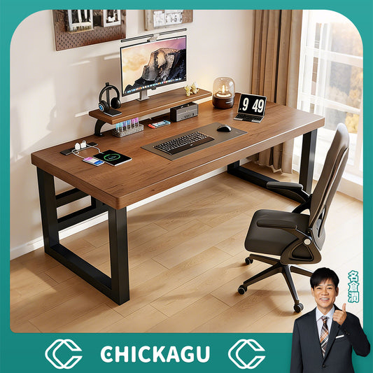 デスク　インドア　室内　パソコンデスク　天然木　広い天板　分厚い　モニター置き棚　炭素鋼フレーム　頑丈　口字型　安定性　落ち着き　重厚感　カスタマイズ可能　SNZ-C040