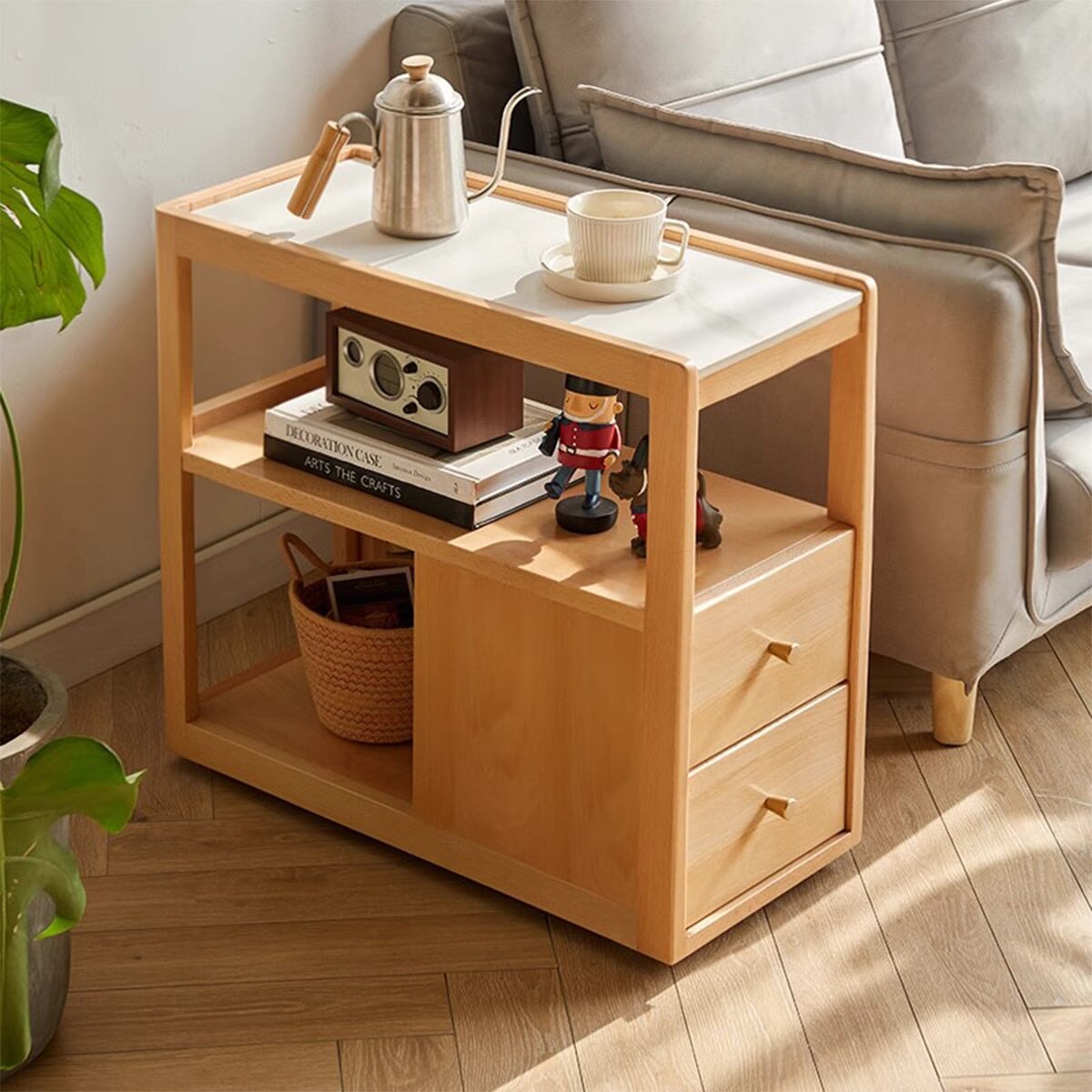 洗練された天然木製サイドテーブル ナチュラル 木製