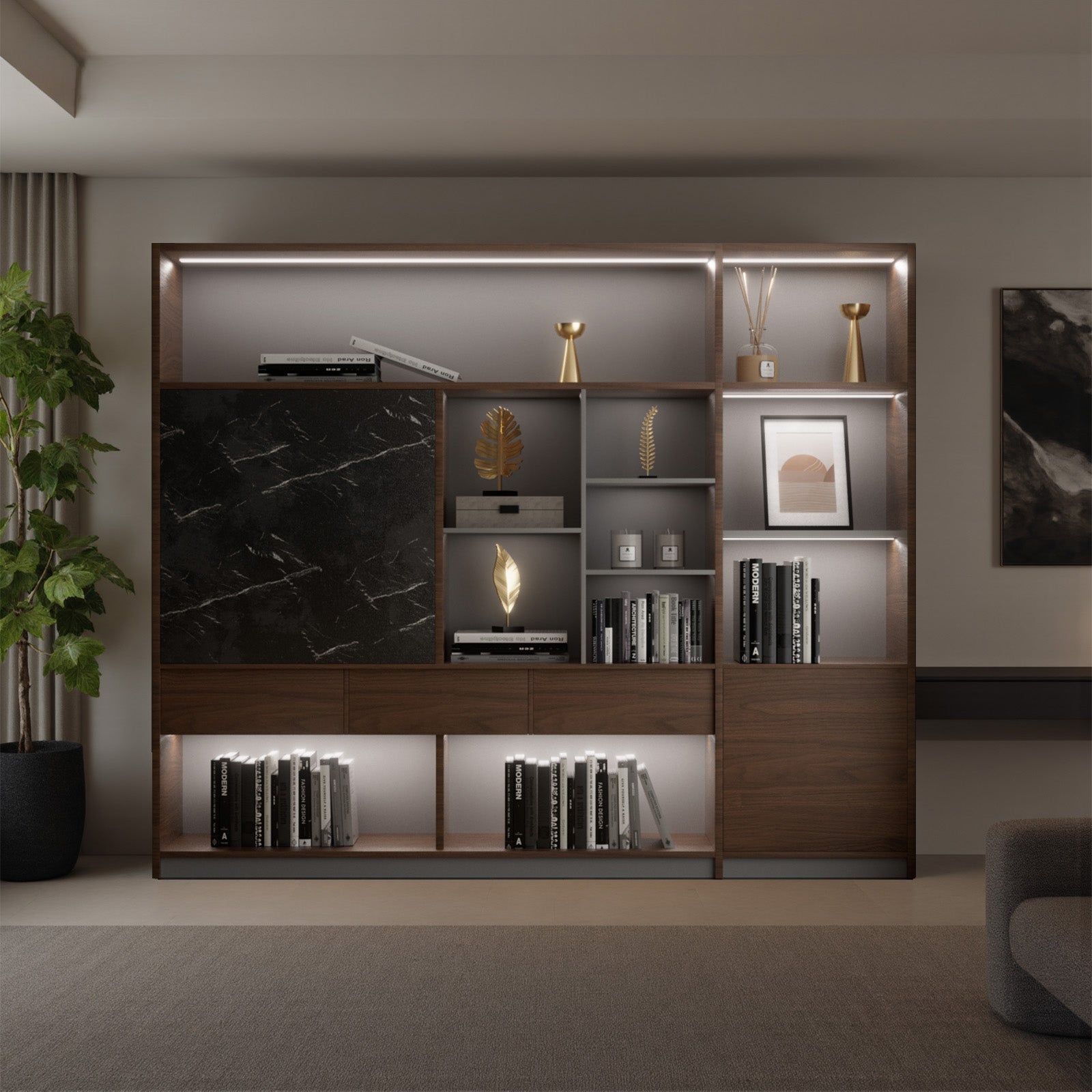 オフィス収納キャビネット　事務所　オフィス家具　収納棚　木製書庫　本棚　木製　収納　LEDライト　高品質　木目調　ウォールナット　SZ-SG-S01