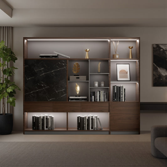 オフィス収納キャビネット　事務所　オフィス家具　収納棚　木製書庫　本棚　木製　収納　LEDライト　高品質　木目調　ウォールナット　SZ-SG-S01