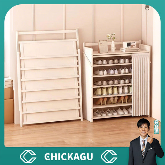 シューズボックス　お手軽組み立て　厚手の板材　ワニス塗装　収納力抜群　カーテン付き　お手入れしやすい　ベージュ chickagu