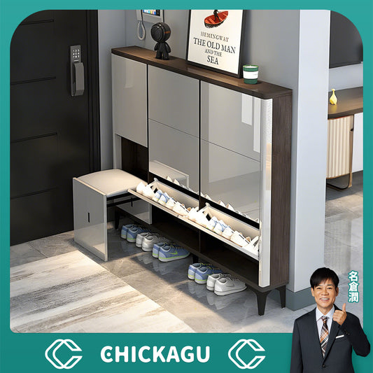 分類収納　多目的　縦型収納　可動棚板　プッシュオープン式　下開き　スツール　シューズボックス　下駄箱　靴収納　玄関収納　おしゃれ　モダン　実用　グレー　XG-C007　chickagu