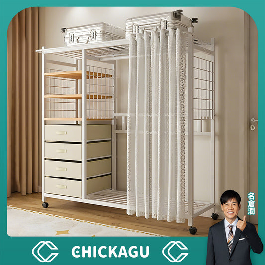 カーテン付き　分類収納　メラミン化粧板　スチール　丈夫　物干し竿　耐久性　使い勝手　実用　クローゼット　壁面収納　ワードローブ　服収納　ホワイト　YG-C003　chickagu