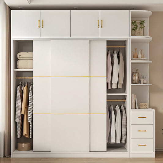 多目的 引き戸 錠付き引き出し 物干し竿 分類収納 大容量 天然木 静音レール ワードローブ 壁面収納 クローゼット シンプル すっきり 実用 ホワイト YG-C005 chickagu