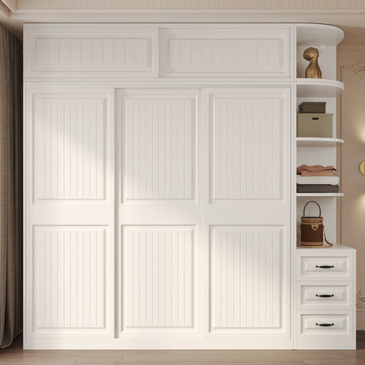 クローゼット　壁面収納　服　収納　ワードローブ　エコ板材　安全無臭　大容量　多エリア　分類収納　引き違い戸　ハンガーバー　引き出し　ミニマル　実用的　使い勝手　YG-C014