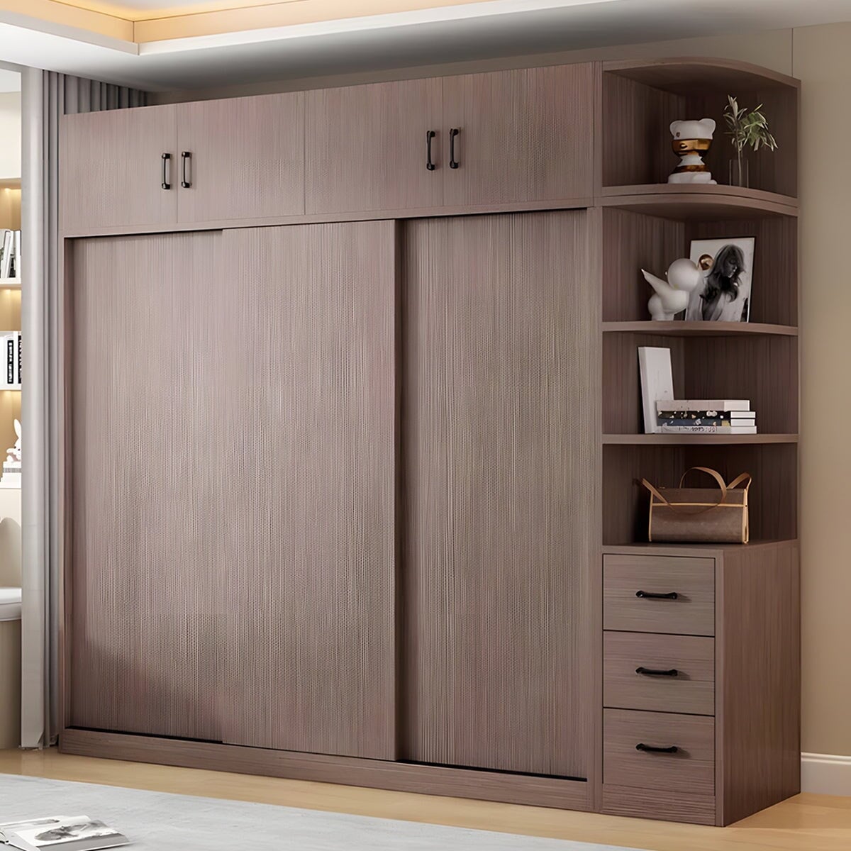 エコ板材　引き戸　物干し竿　上置き収納　多目的　大容量　分類収納　ワードローブ　壁面収納　クローゼット　木目調　落ち着き　実用　YG-C030　chickagu