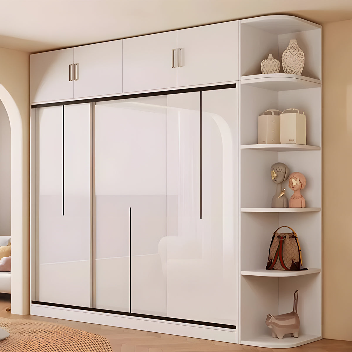 衣類収納ユニット　クローゼットキャビネット　衣類整理スペース　クローゼット　壁面収納　ワードローブ　洋服収納　エコ素材　分類収納　大容量　サイドキャビネット　引き違い戸　YG-S009