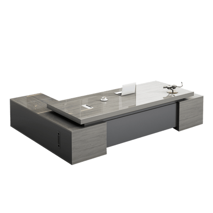 エグゼクティブデスク　役員用デスク　ワークデスク　オフィスデスク　L型デスク　通気孔付き　配線ボックス付き　ＰＣ収納　高級感　グレーオーク　カスタマイズ可能　LBZ-C074　chickagu