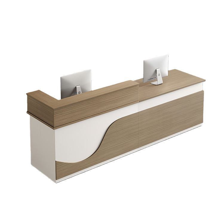 受付カウンター　フロントカウンター　受付台　多機能　ロック付き　収納スペース　引き出しトレイ　便利　ホワイト　ライトウォールナット　JDT-2192