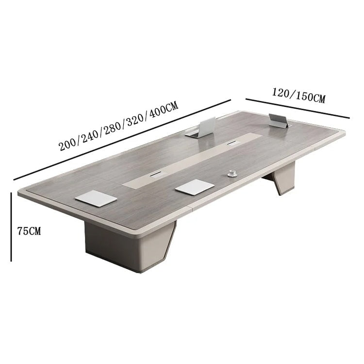 会議テーブル　大型オフィステーブル　オフィスデスク　長方形テーブル　木目調　R仕上げ　配線ボックス付き　バイカラーデザイン　幕板付き　重厚感　グレー　 HYZ-C011