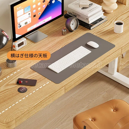 昇降デスク　オフィスデスク　一人用パソコン作業台　収納付き座立兼用テーブル　充電機能　省スペース設計　収納引き出し　大板直貼木目天板　R加工　ナチュラル北欧風　モダンデザイン　カスタマイズ可能　BGZ-M110