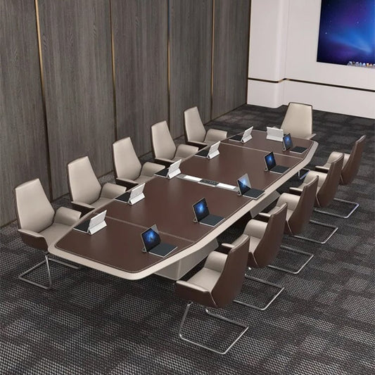 会議テーブル　ミーティングテーブル　会議机　ワークデスク　オフィスデスク　配線孔　レザー張り装飾　ブラウン　カスタマイズ可能　CHICKAGU